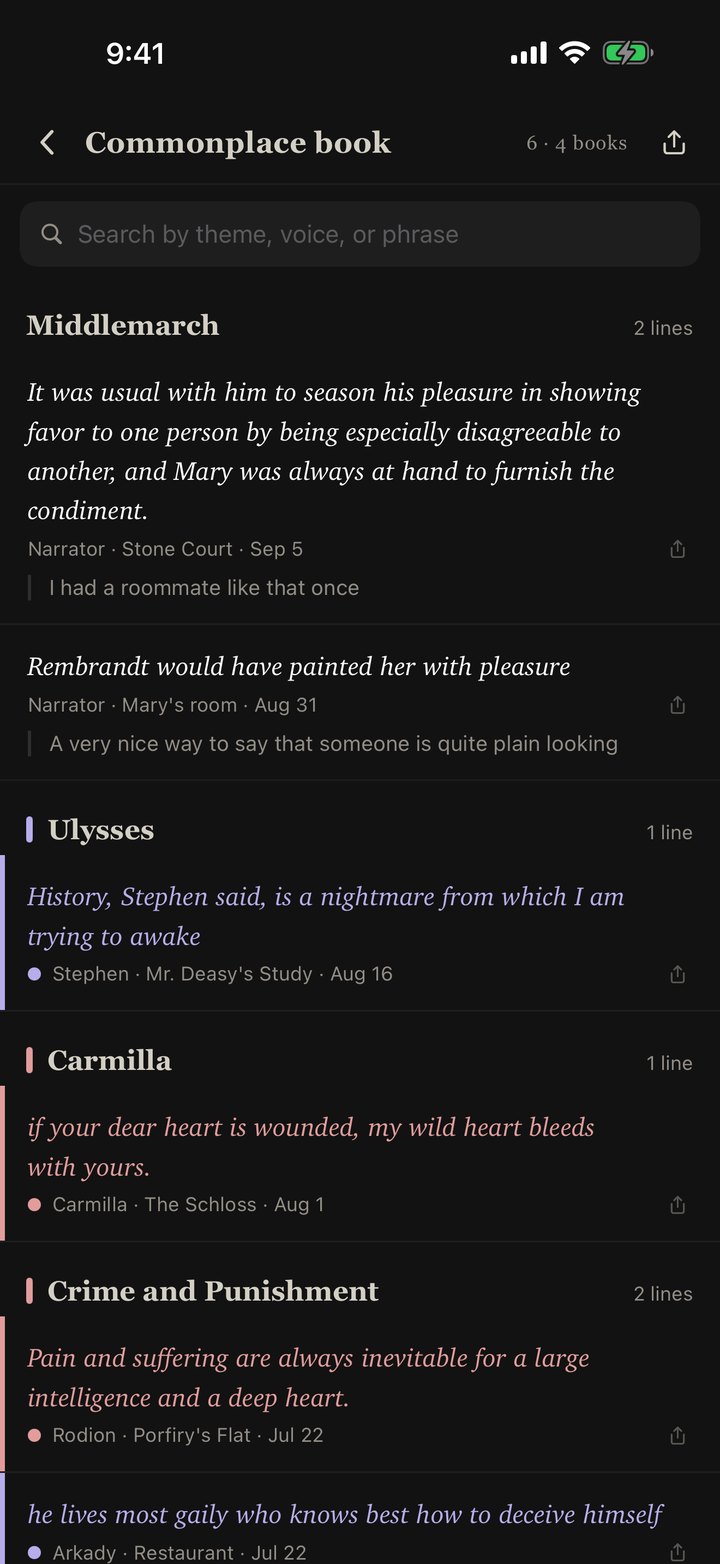 The commonplace book in the Chromatics app: kept lines from Middlemarch, Ulysses, Carmilla and Crime and Punishment, each in its speaker’s colour, with who said it, where, and a note.