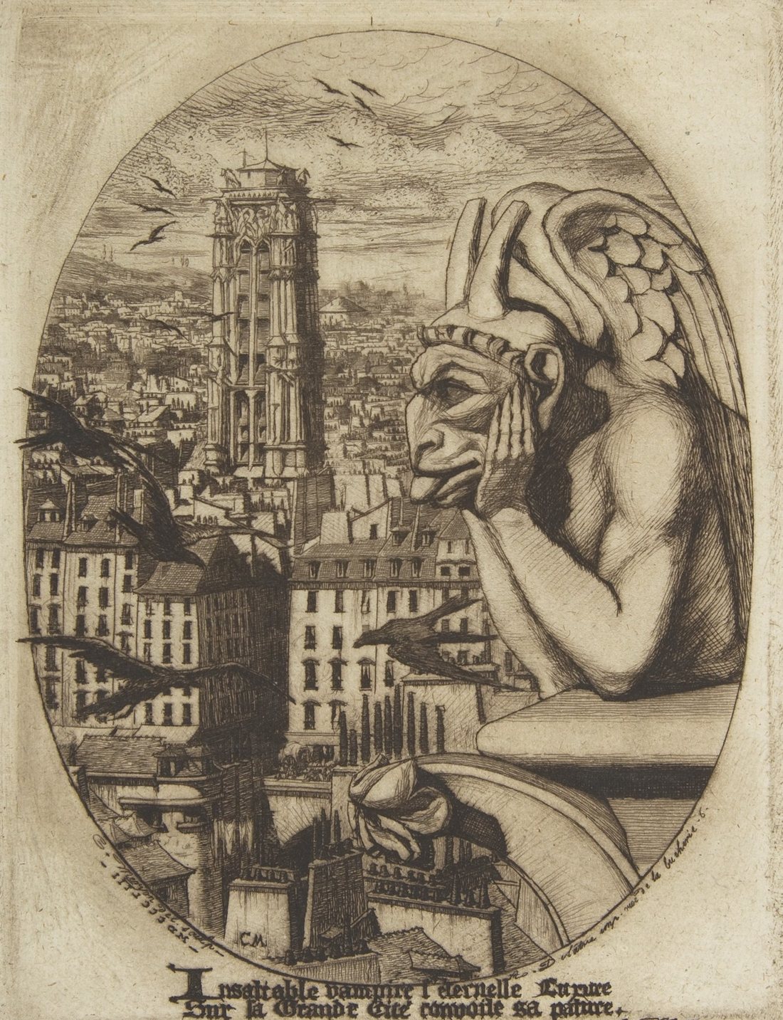 Etching of a winged gargoyle resting its chin on its hands, overlooking Paris