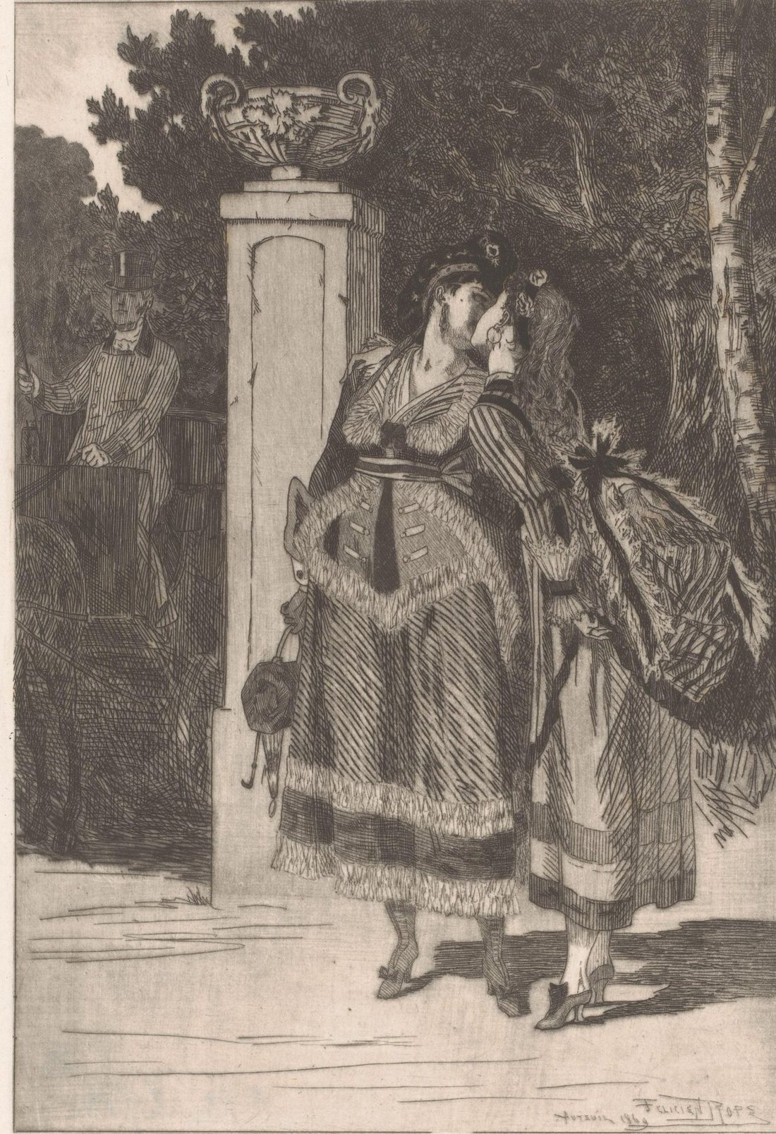 Etching of two women kissing at a gatepost while a coachman and carriage wait behind them