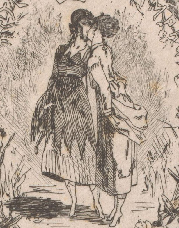 Etching of two women kissing in tall grass
