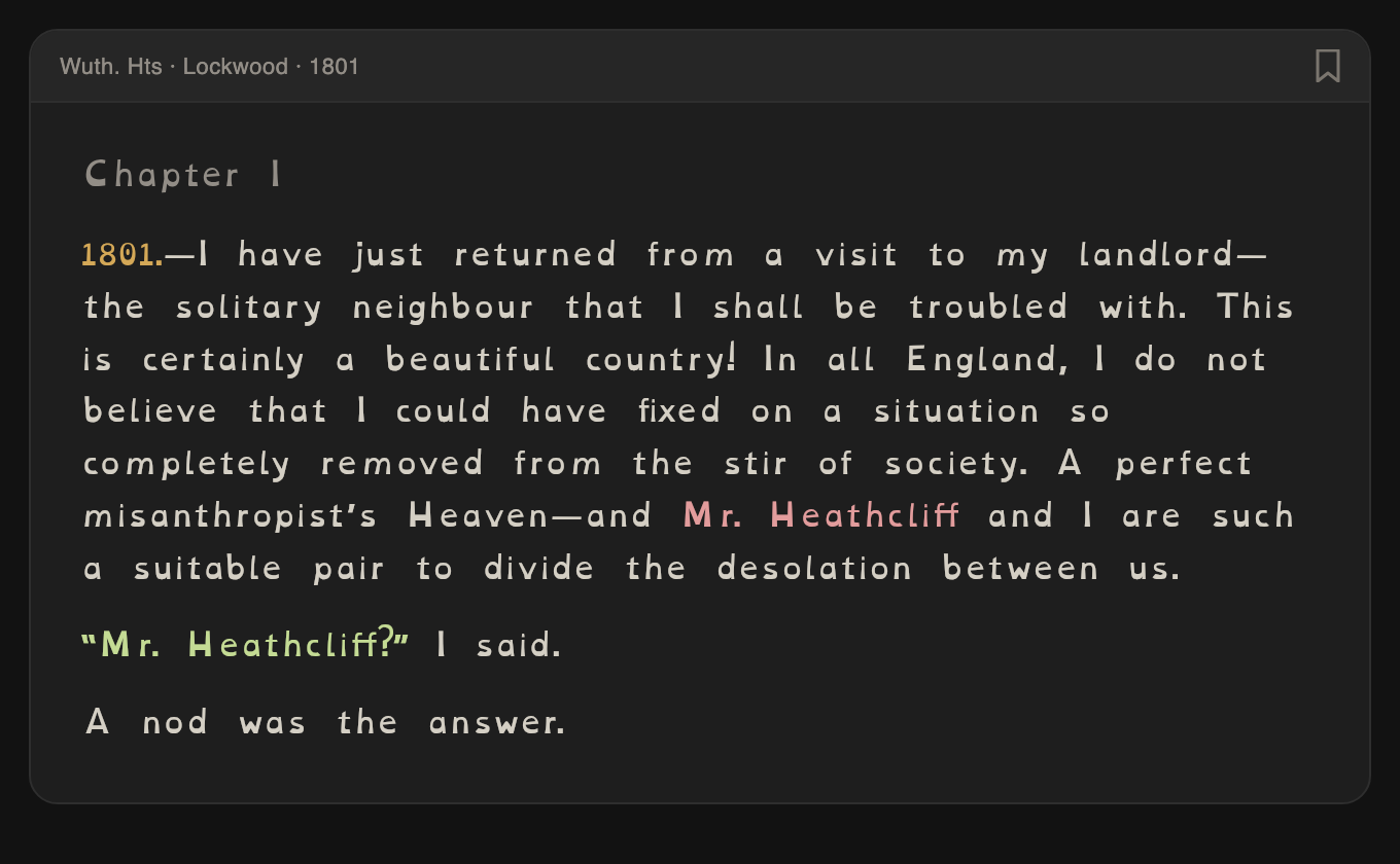 A page of Wuthering Heights in the Chromatics app set in the OpenDyslexic typeface: the scene banner reads Wuth. Hts, Lockwood, 1801, and Heathcliff's dialogue appears in red